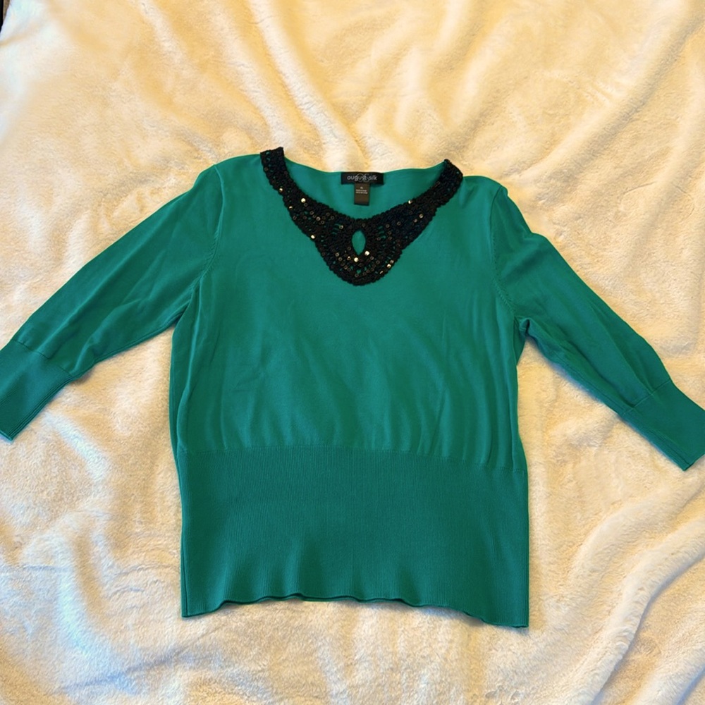 Emerald green 3/4 sleeve embellished sweater